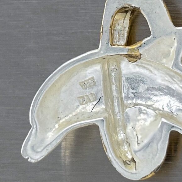 Vintage FAS Sterling Silver 925 Dolphin Jumping Through A Gold Tone Hoop Pendant - Picture 5 of 7